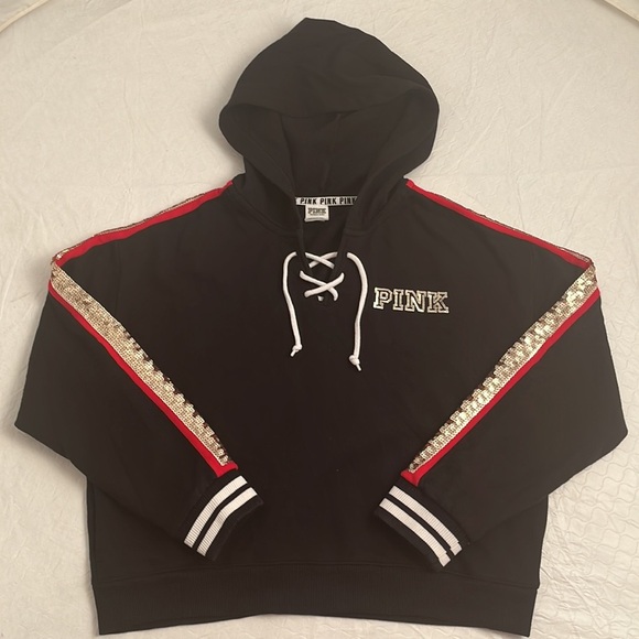 Victoria’s Secret Rose Bling black lace up sequin hoodie L - Picture 8 of 14